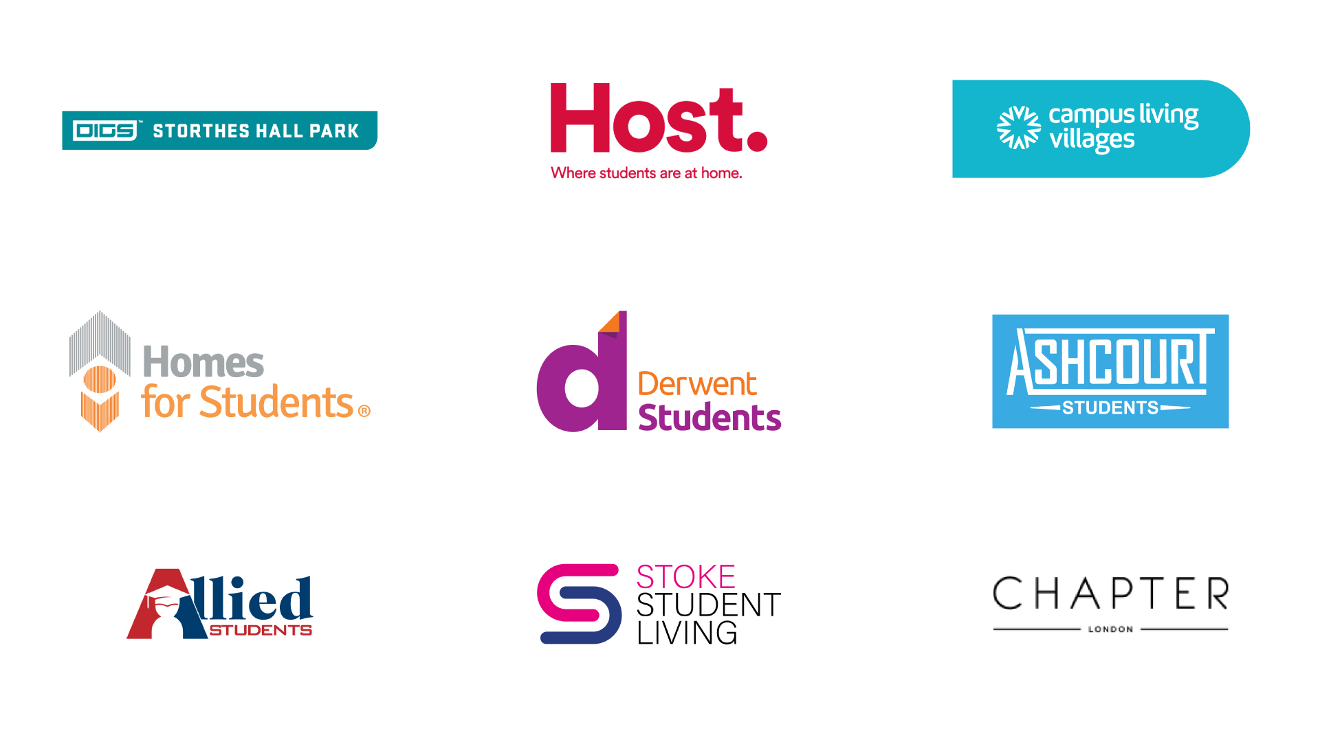 Nine student accommodation logos on a white background: 'DIGS Storthes Hall Park' in teal. 'Host.' in red. 'Campus Living Villages' in teal. 'Homes for Students' with a house icon. 'Derwent Students' in purple and orange. 'Ashcourt Students' in blue. 'All