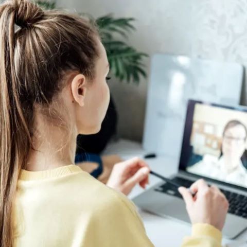 Student having an online interview