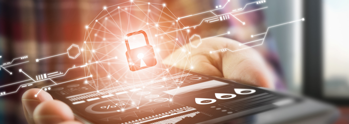 Graphic of security padlock hovering over a mobile phone screen