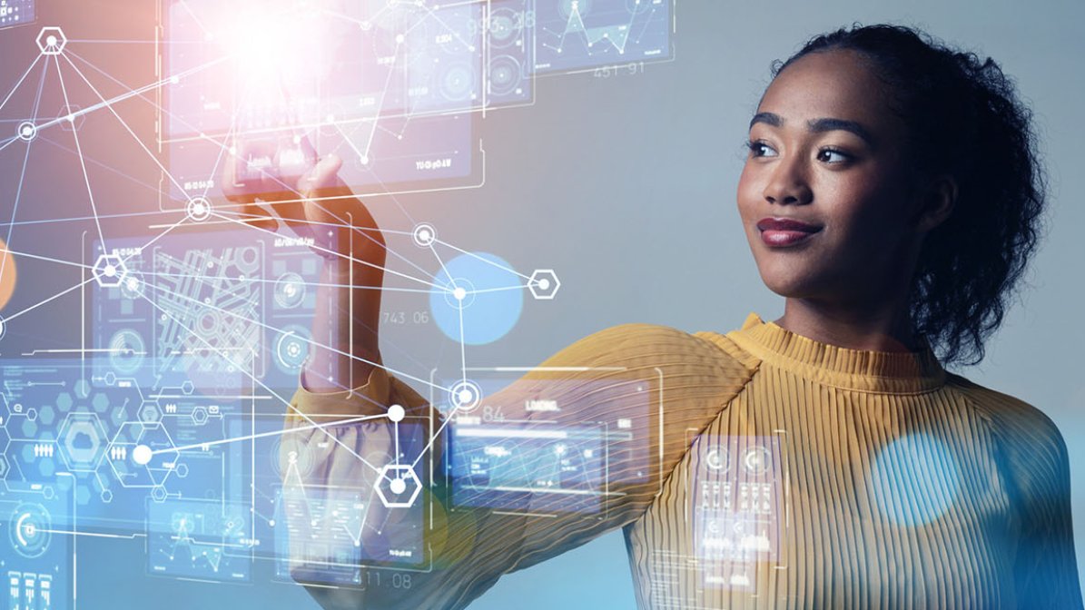 female interacting with data hologram