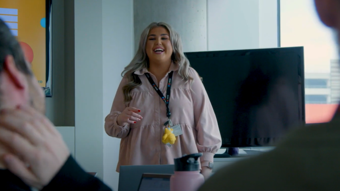 Apprentice Vicki speaking to her team at the BBC