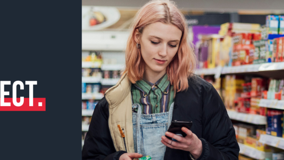 A graphic with a slate grey background, a white LinkedIn logo and the words 'connect with us' with an image of a young student stood in a supermarket to the right