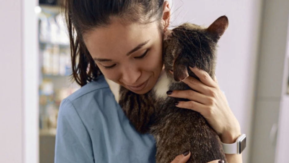 Vet cuddling a cat