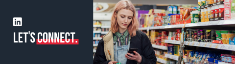 A graphic with a slate grey background, a white LinkedIn logo and the words 'connect with us' with an image of a young student stood in a supermarket to the right