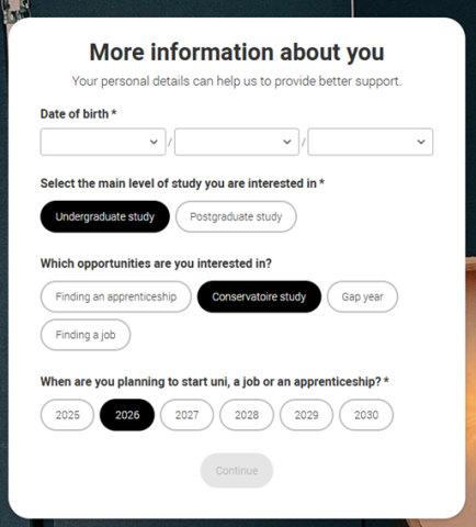Conservatoires more information about you screenshot Conservatoires more information about you screenshot