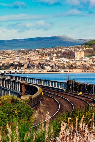 Railway track and view of Dundee